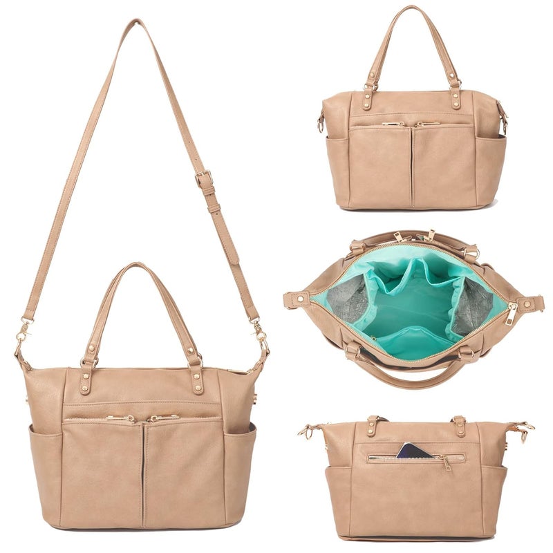 MOMINSIDE Small Diaper Bag, Mini Diaper Tote, Leather Diaper Bag Purse, Crossbody Baby Bag with 13 Pockets, Diaper Clutch for Women Mom, 2 Insulated Pockets(Camel) - Image 1